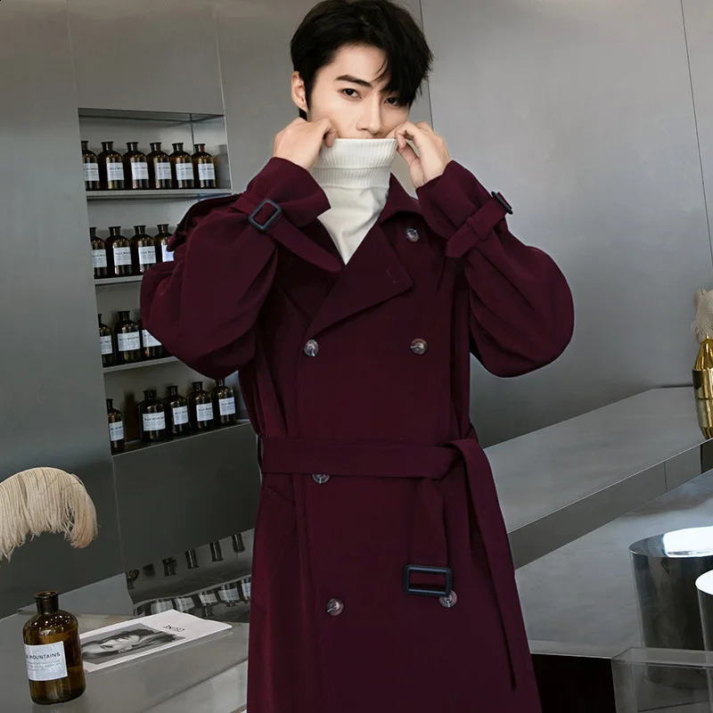Autumn Winter Mens Trench Wine Jackets for Men Smart Casual Coat Double Breasted British Style Daily Windbreaker Outwear 240822