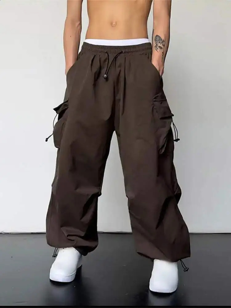 Commodity pants mens solid multi pocket Harajuku casual autumn and winter elastic waist loose street hiphop 240823