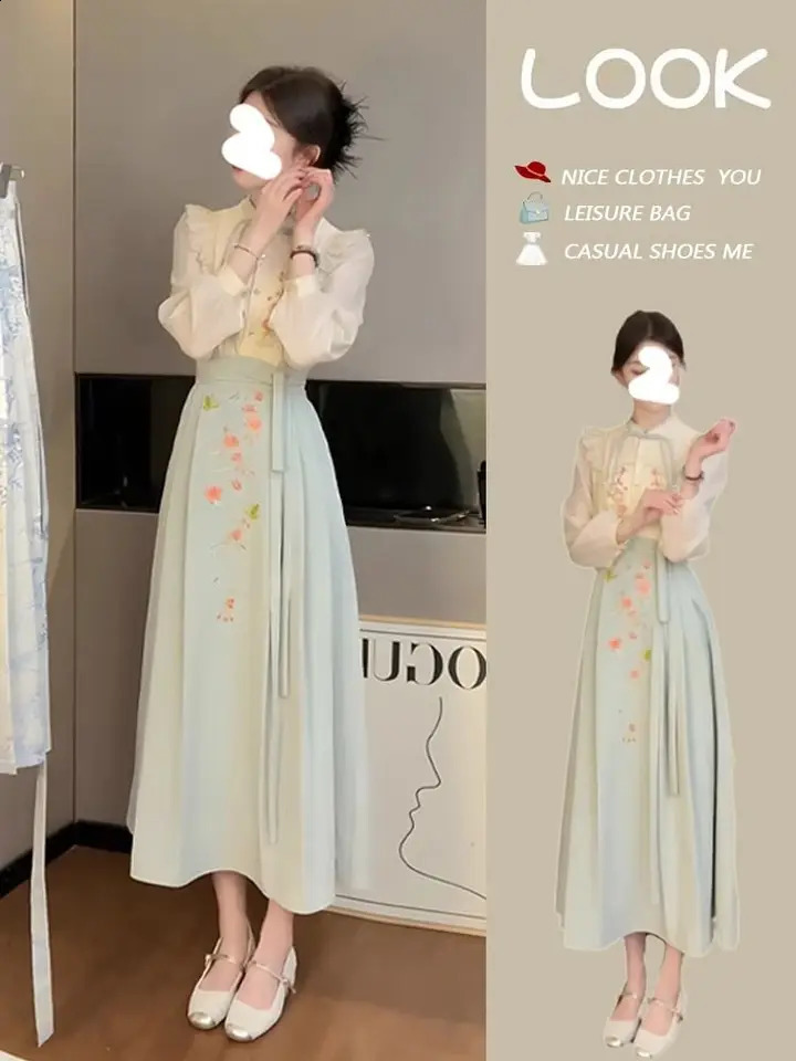 Chinese Style Improved Hanfu Women Horse Face Skirt Set Long Sleeve Blouses High Waist Skirt Two Piece Sets Women Outfits 240823