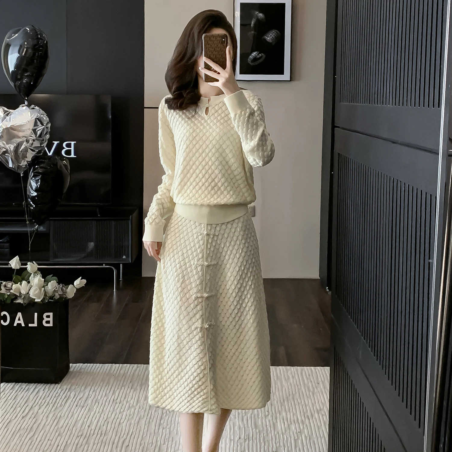 ZJYT Autumn Winter Knitted Dress Sets 2 Pieces Womens Outfits Fashion Long Sleeve Pearls Pullover Sweater and Skirt Suit Female 240823