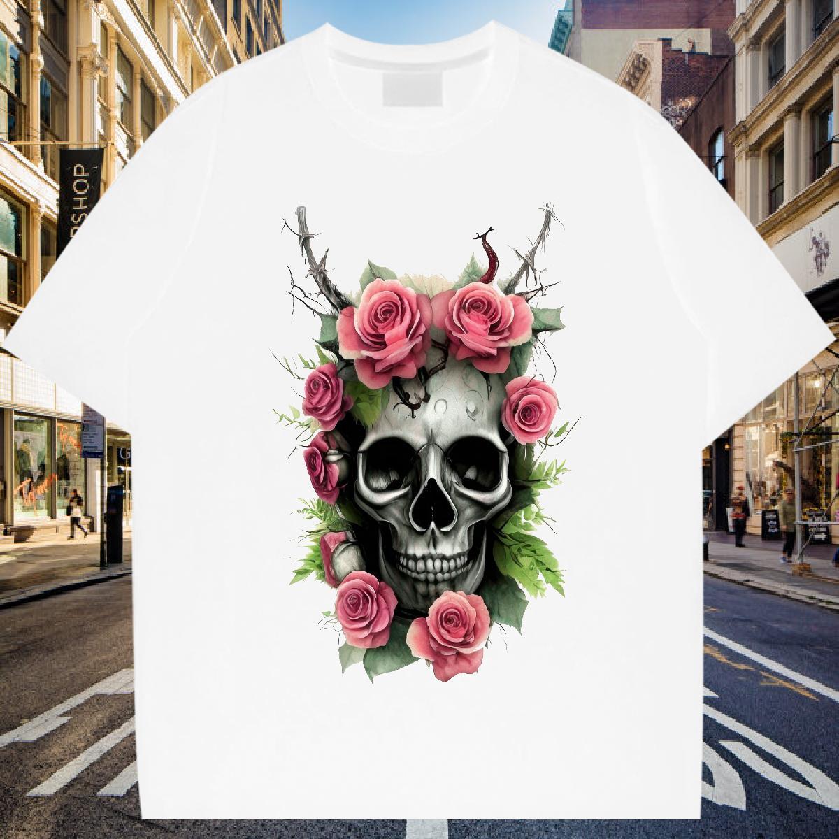 Wholesale Mens T Shirts 230g Cotton flower Street Customized Print Crew Neck Breathable Mens Tshirts 2024 DIY Tops