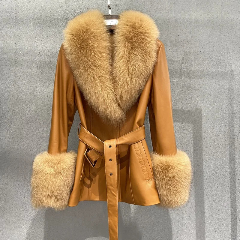 Genuine Leather Winter Jacket For Women With Real Fox Fur Collar And Cuffs