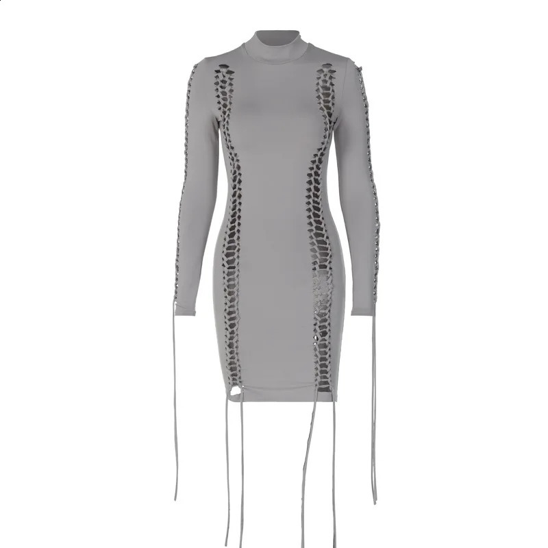 Fall Solid Long Sleeve Cut Out Hole Lace Up Sexy Bodycon Mini Dress Women Elegant Party Streetwear Clothes Y2K 240823