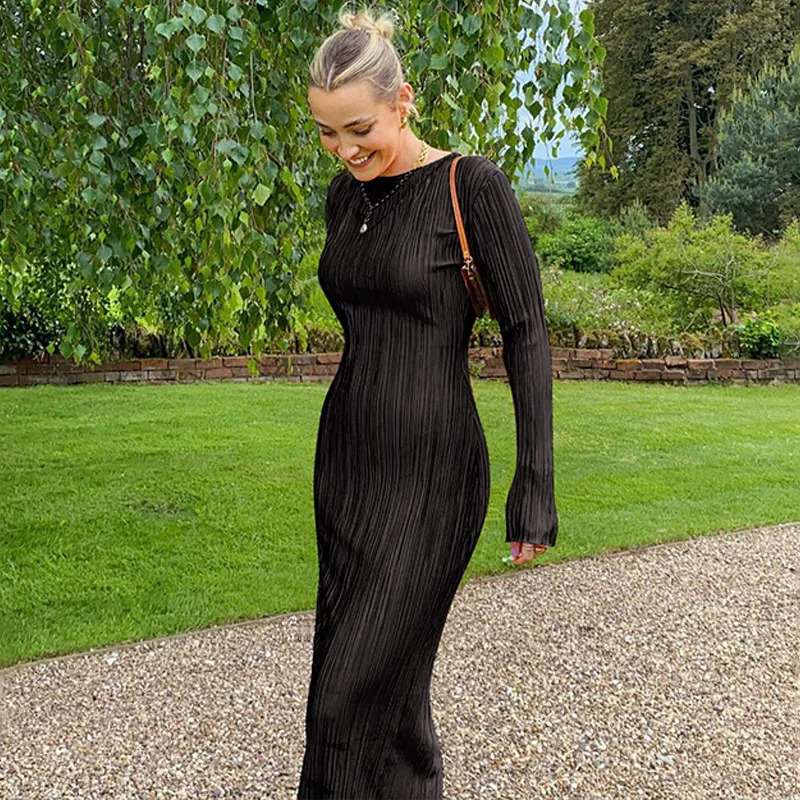 Autumn Elegant Slim Dress Womens Sexy Solid Color Long Sleeve Dress Holiday Casual Womens Long Skirt Dress 240823