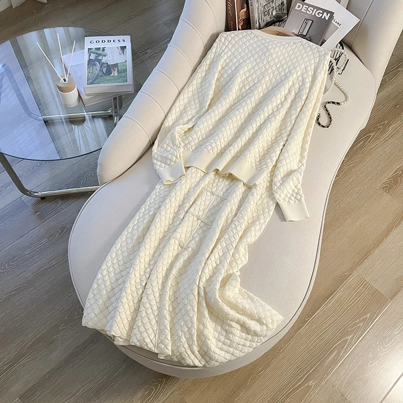 ZJYT Autumn Winter Knitted Dress Sets 2 Pieces Womens Outfits Fashion Long Sleeve Pearls Pullover Sweater and Skirt Suit Female 240823