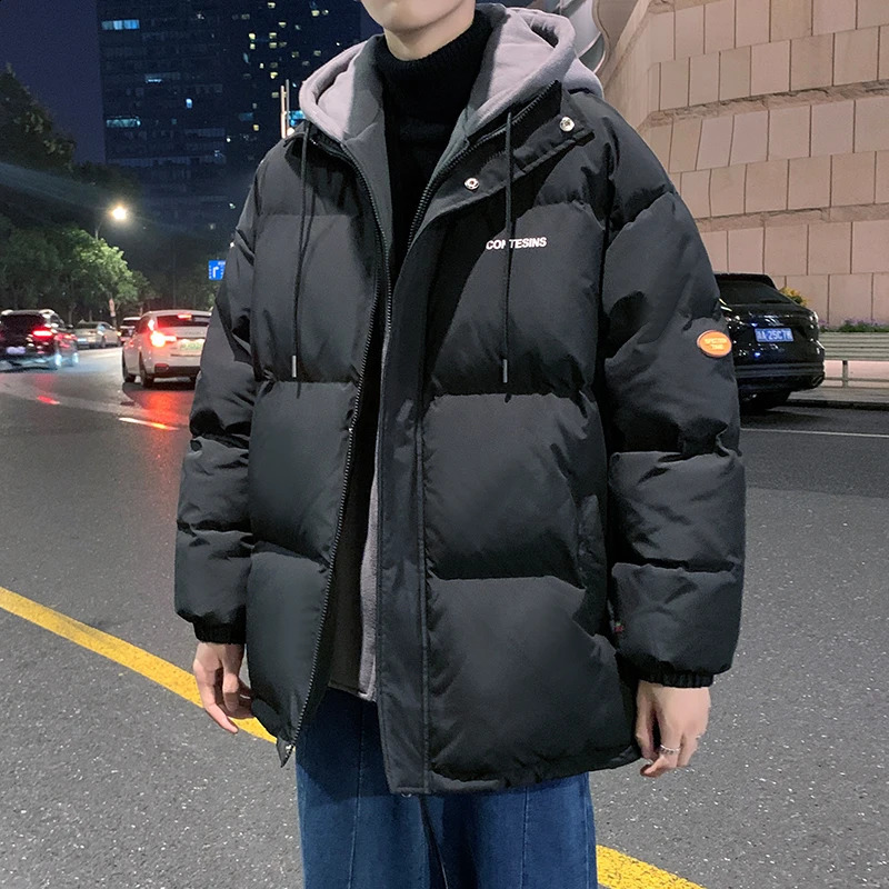Harajuku mens casual loose thick Parkas winter solid jacket hooded womens streetwear 240822