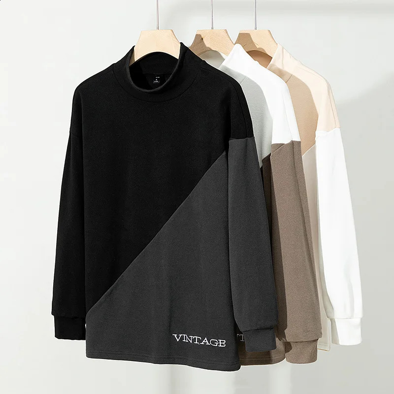 Letter Embroidery Mens Clothing Half High Collar Contrast Color Pullover Lantern Long Sleeve Loose Hoodies Autumn Winter Tops 240823