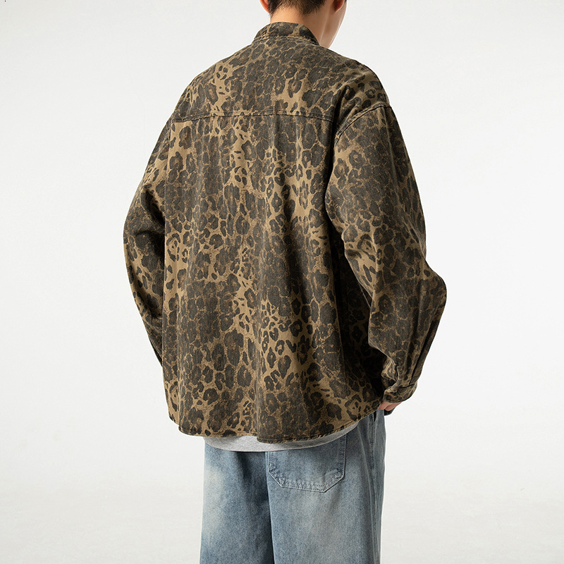 Trendy and Personalized Washed Denim Leopard Print Jacket for Men Spring and Autumn New Item Niche Workwear Jacket Outerwear