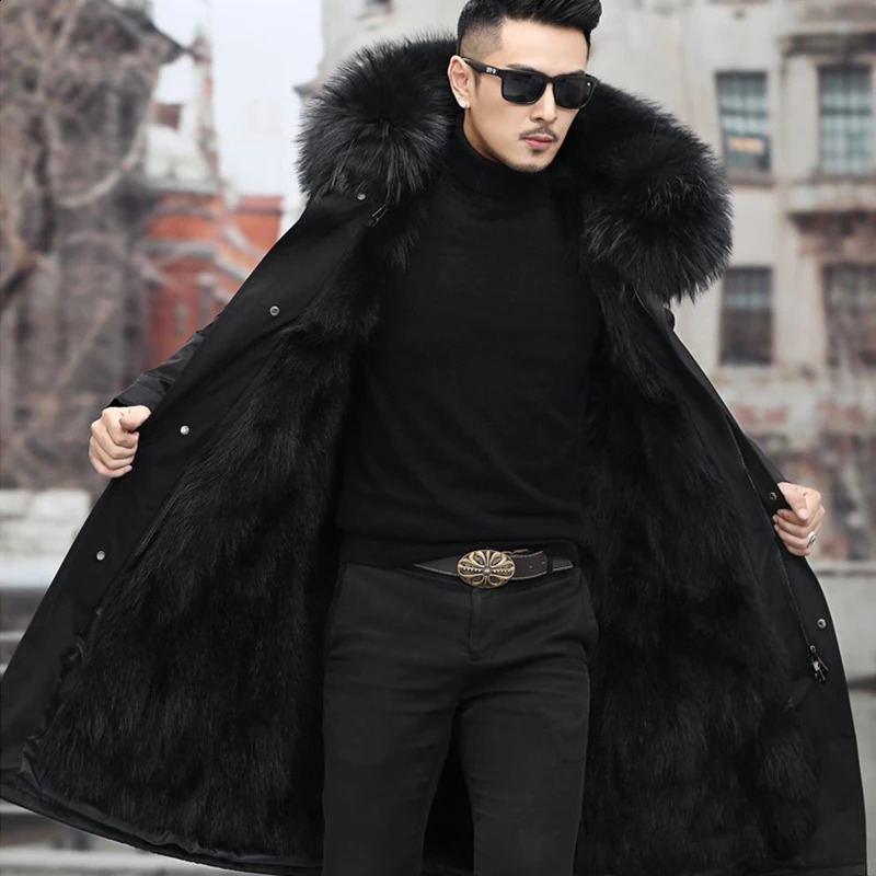 Man Parka Winter Stylish Jacket Long Streetwear Russian Real Fox Fur Coat Natural Raccoon Fur Collar Hooded Thick Warm Coat 240823
