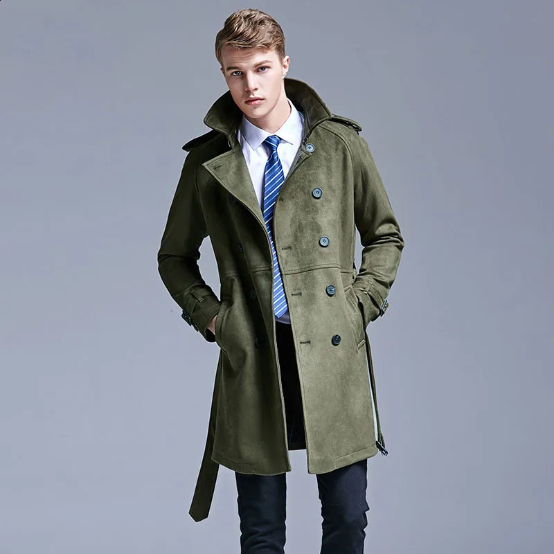 Minimalist England Fashion Suede Trench Mens Double Breasted Slim Coat Men Solid Color Long Windbreaker 5XL 6XL Jacket 240822