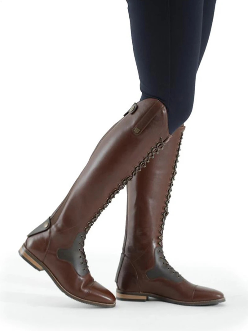 British Fashion Brown Splicing Flat Knee Boots Womens Irregular Top Button Cross Lace Coloring Cool Womens Knight Boots 240823