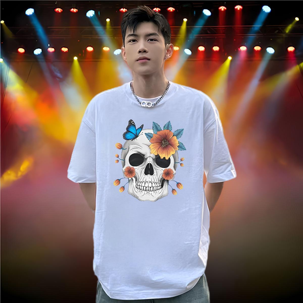 Unisex T-Shirts 230g Cotton skull Casual Black White Breathable Crew Neck Men Clothes T-Shirt Wholesale Tshirts