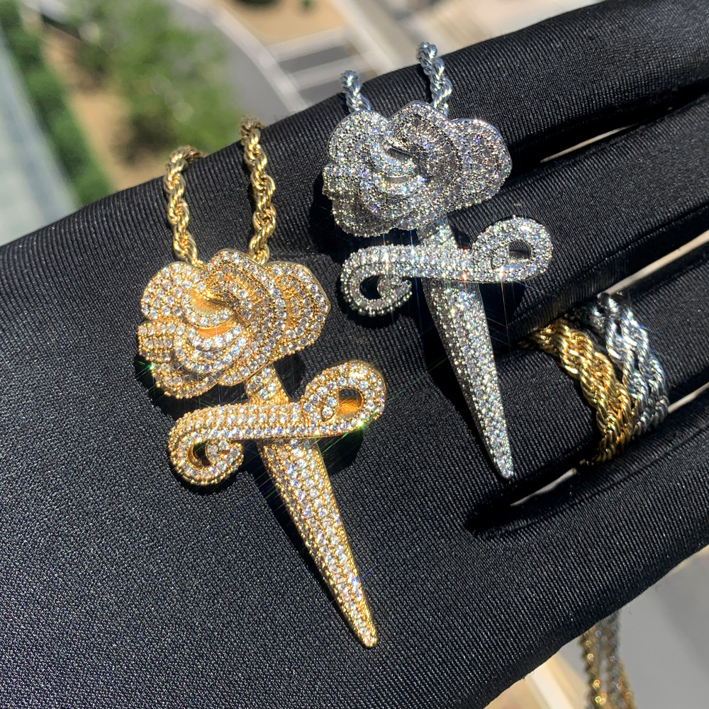Hip Hop Rose Flower Cross Pendant Necklace 5A Zircon White Gold Plated Religious Jewelry