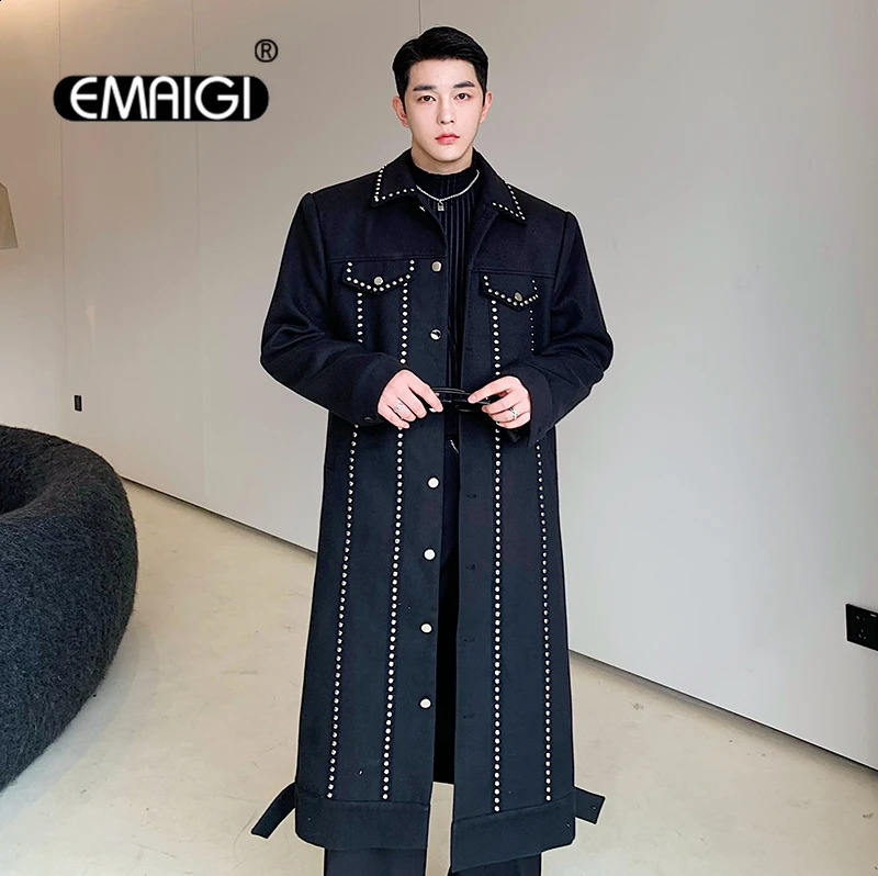 Trenchcoat Men Rivet Woolen Single-breasted Long Trench Coat Man Streetwear Vintage Punk Gothic Motorcycle Jacket Outerwear 240822