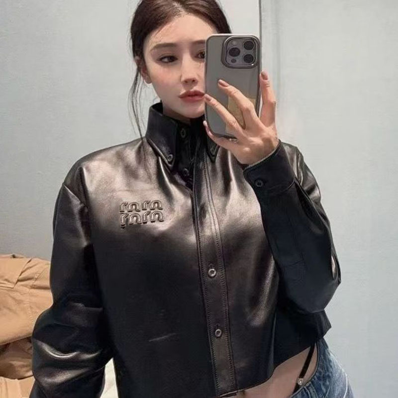 Luxury Brand Fashion Designer Women's Full Leather Jacket Long Sleeve High Quality Women's Leather Jacket Top Asian Size S-L