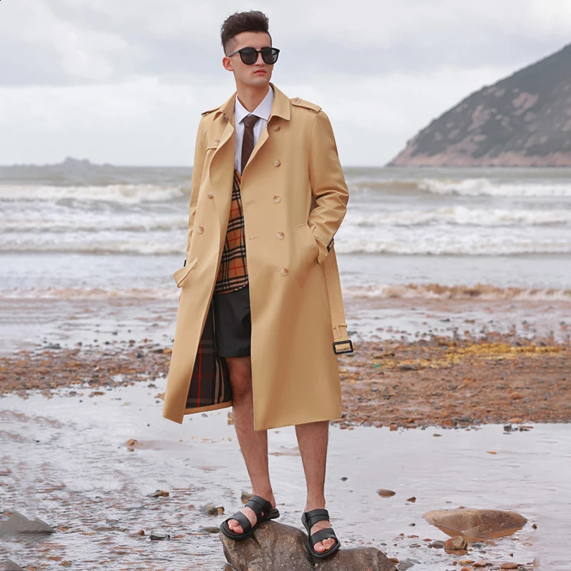 mens long trench coat knee length double breasted autumn and winter rainproof thickened down vest British classic windbreak 240822