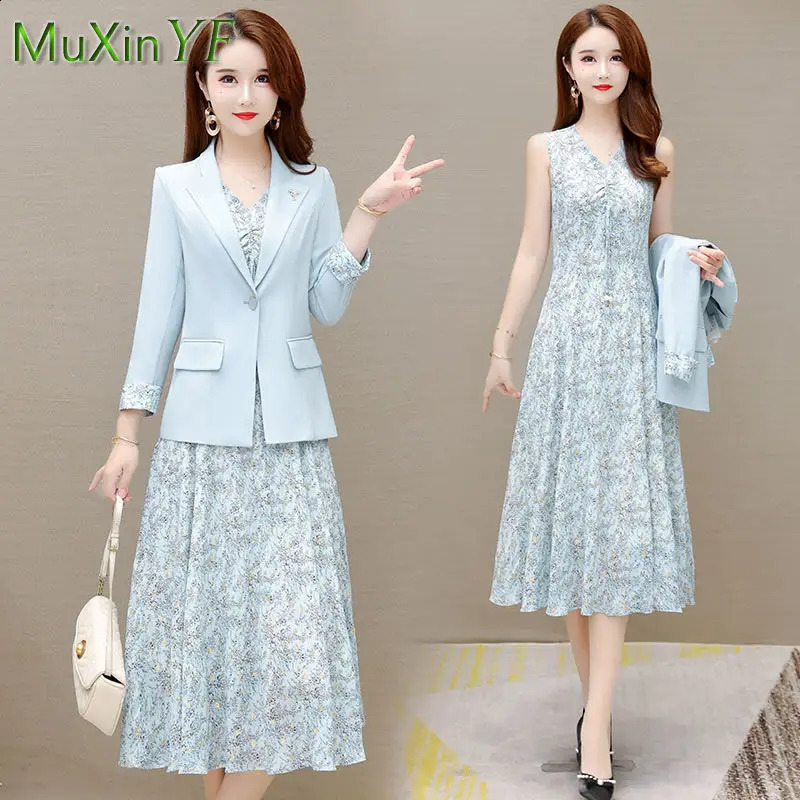 Spring and Autumn Suit Dress Two-piece Womens Elegant Blazers Floral Skirt Set French Fashion Office Professional Wear 240823