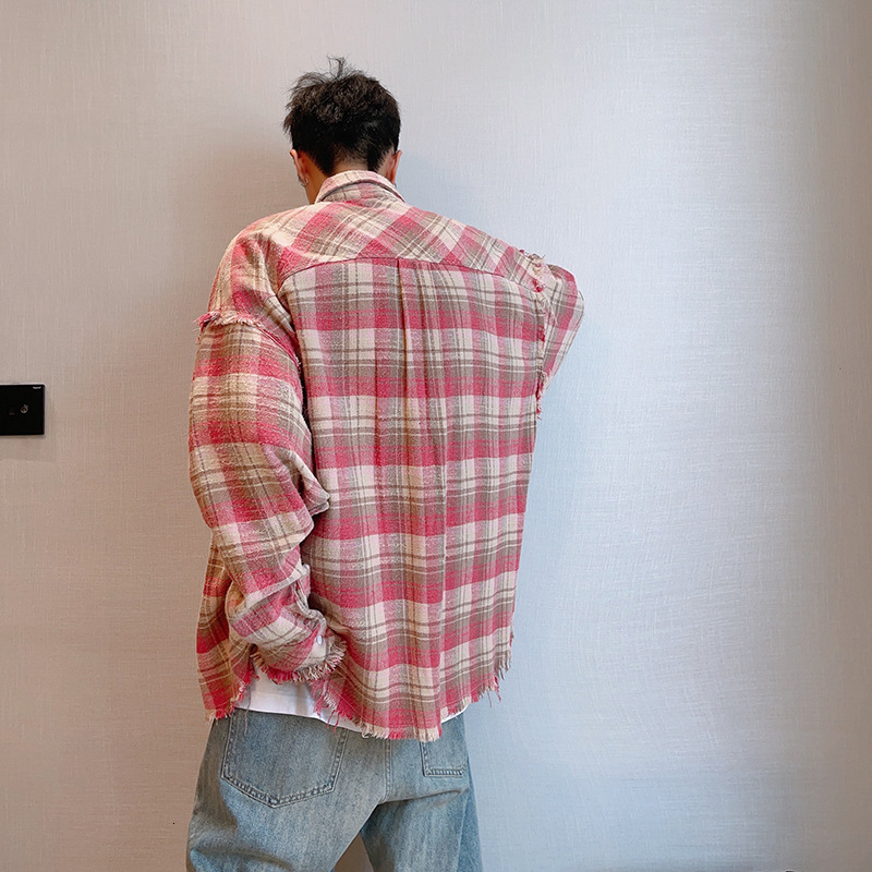Autumn Trendy Style Design with a Loose Fit Broken Edges Pink Grid New Vintage Long Sleeved Shirt Jacket