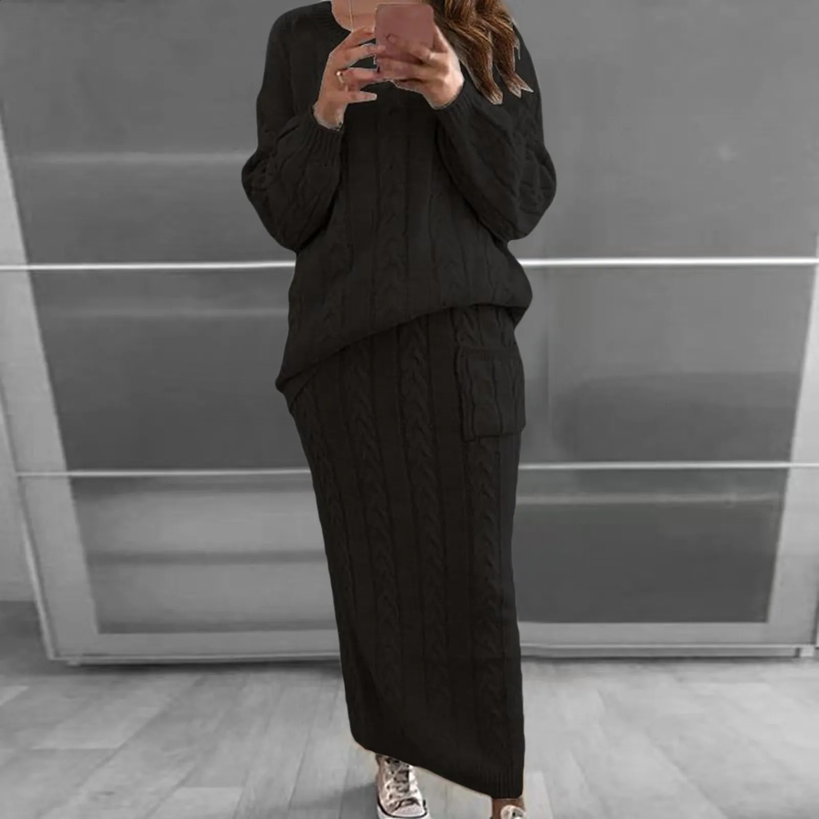 Womens Spring Loose Long Sleeve O Neck Sweater Pullover Top High Waist Elastic Women Elegant Solid Slim A-Line long Skirt Set 240823