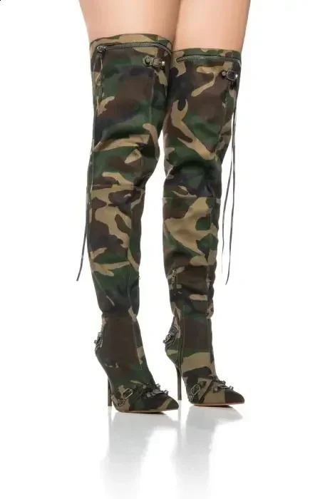 Camouflage lapel knee high boots canvas slim high heels buttoned corner shoes 240823