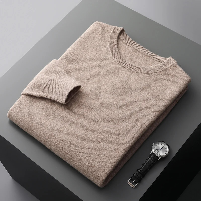 100% Merino wool mens sweater Oneck knitted long sleeved zipper solid color casual top 240822