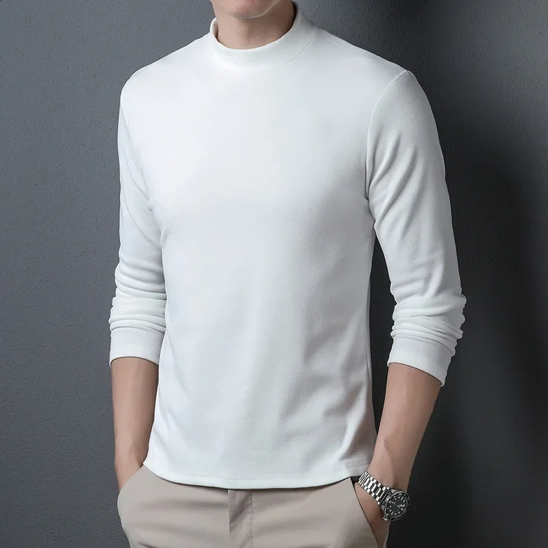 Double sided wool half poloturtle neck bottom Tshirt mens thick top solid color long sleeved interior warm 240823