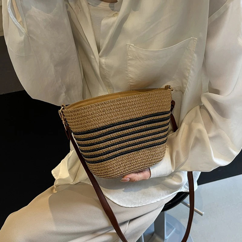 Ladies Summer Straw Crossbody Bag Women Beach Holiday Shopping Woven Striped Shoulder Handbag Messenger Purses For Bags 240822