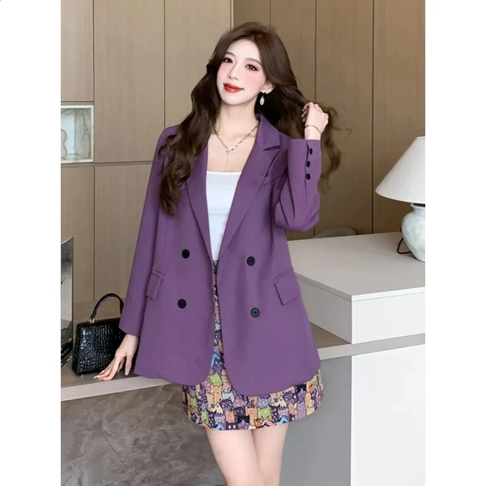 Fashion Women Sets Spring Summer High-end Blazer Jacket Printed Skirt Two-piece Suit Ladies Casual Temperament Purple Suit Coat 240823