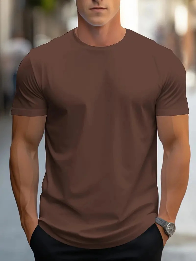 Mens Simple Solid Color Printed Short Sleeve Summer Top Street Fashion Round Neck Tshirt Loose 240822
