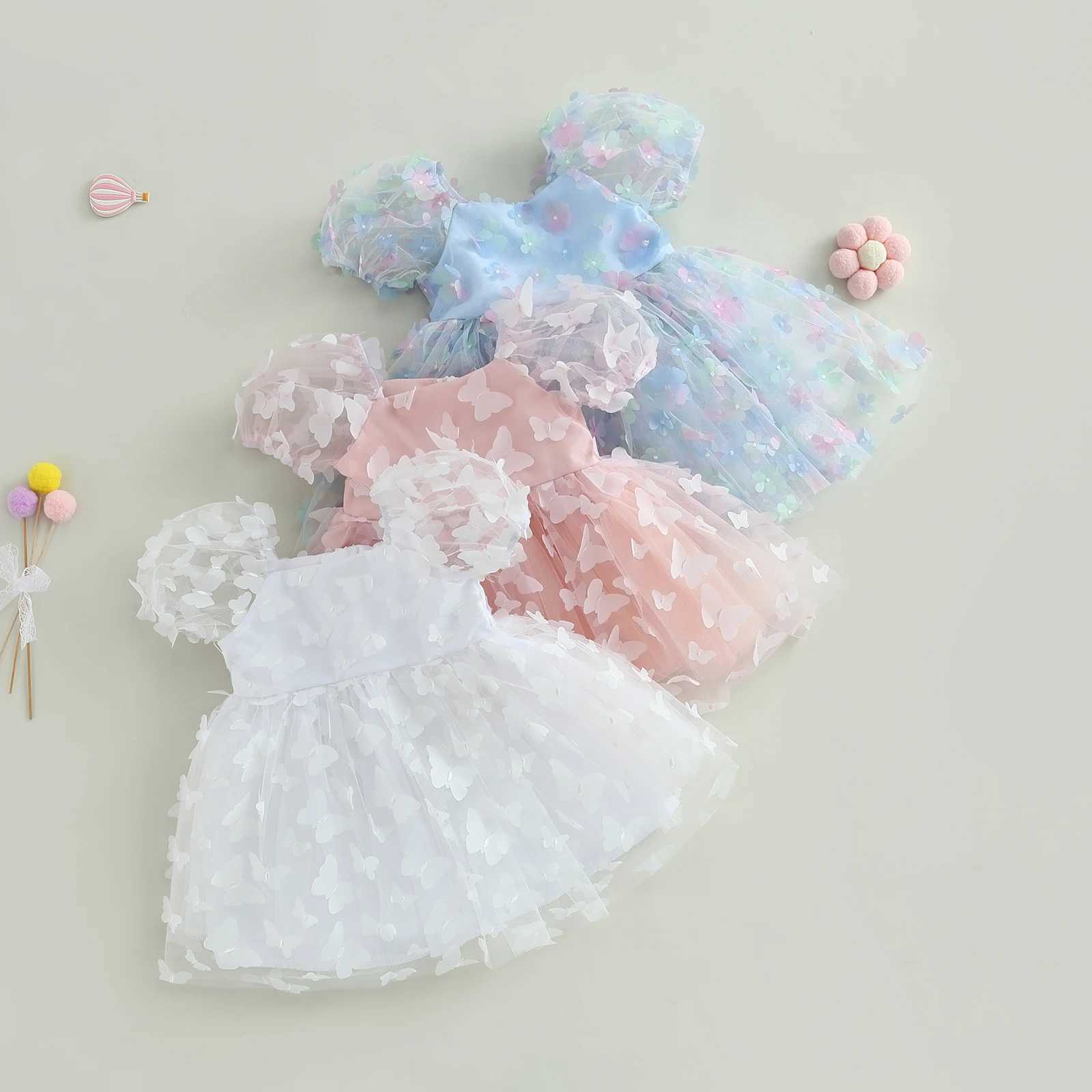 Pudcoco Childrens Girl Princess Dress Puff Sleeves Tulle Dress Flower/Butterfly A-line Party Stage Show 1-6T W240823