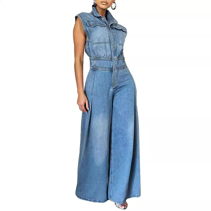Jumpsuits Women One Piece Denim Jeans Overalls Sleeveless High Waist Turn Down Collar Wide Leg Long Pants Rompers Summer 240822