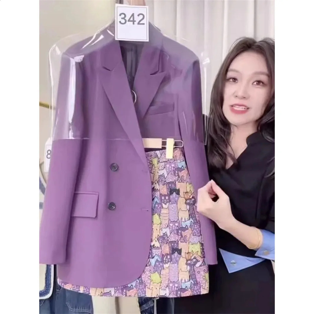 ashion Women Skirs Sets Spring Summer High-end Purple Blazer Jacket Print Skirt Two-piece Suit Ladies Elegant Blazers Coat 2PCS 240823