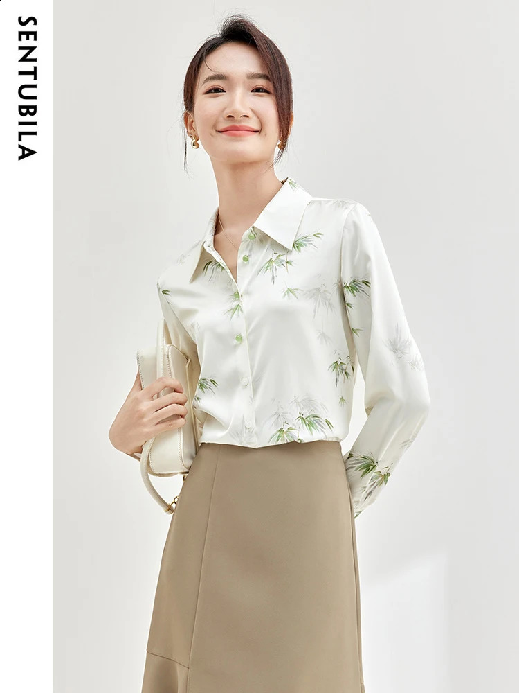 SENTUBILA Womens Chiffon Shirt Fashion Women Blouses Autumn Shirts With Bamboo Pattern Beautiful Long Sleeve Top 133C52014 240823