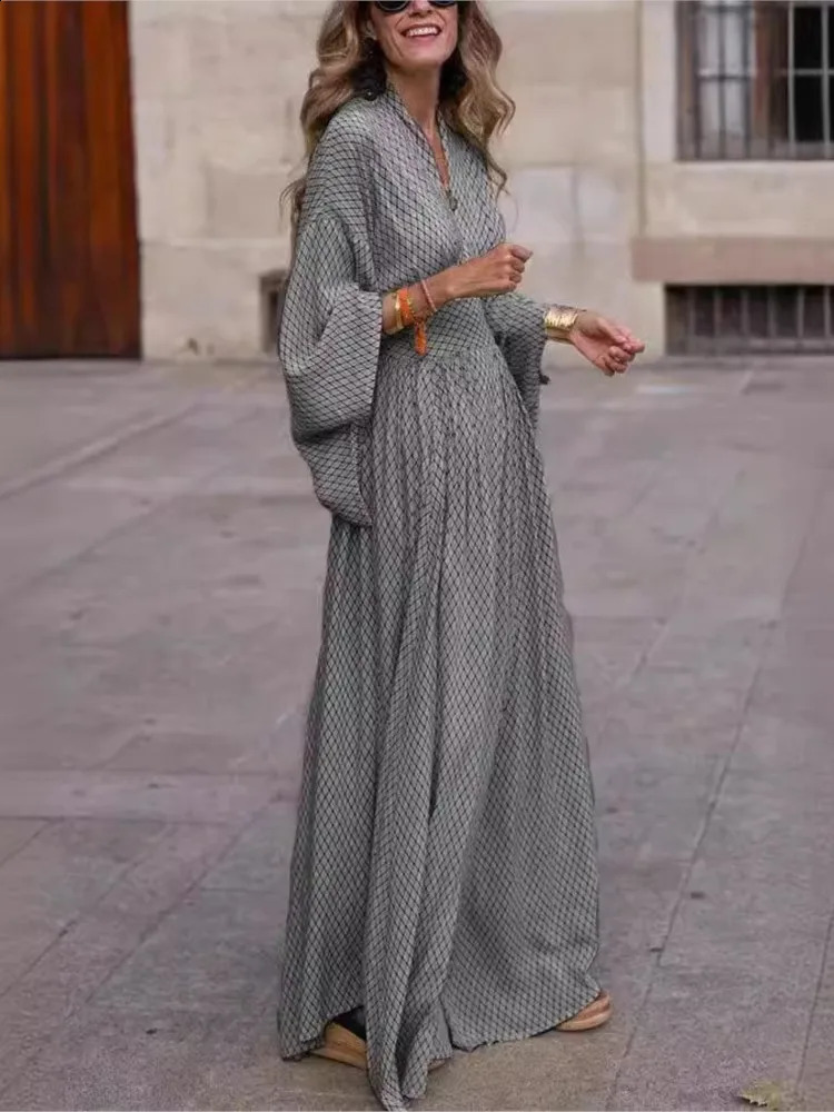 Vintage Boho Womens Casual Dress Sping Fall Fashion V-neck Lantem Sleeve Folds Waist Loose Maxi Streetwear Dresses For Women 240822