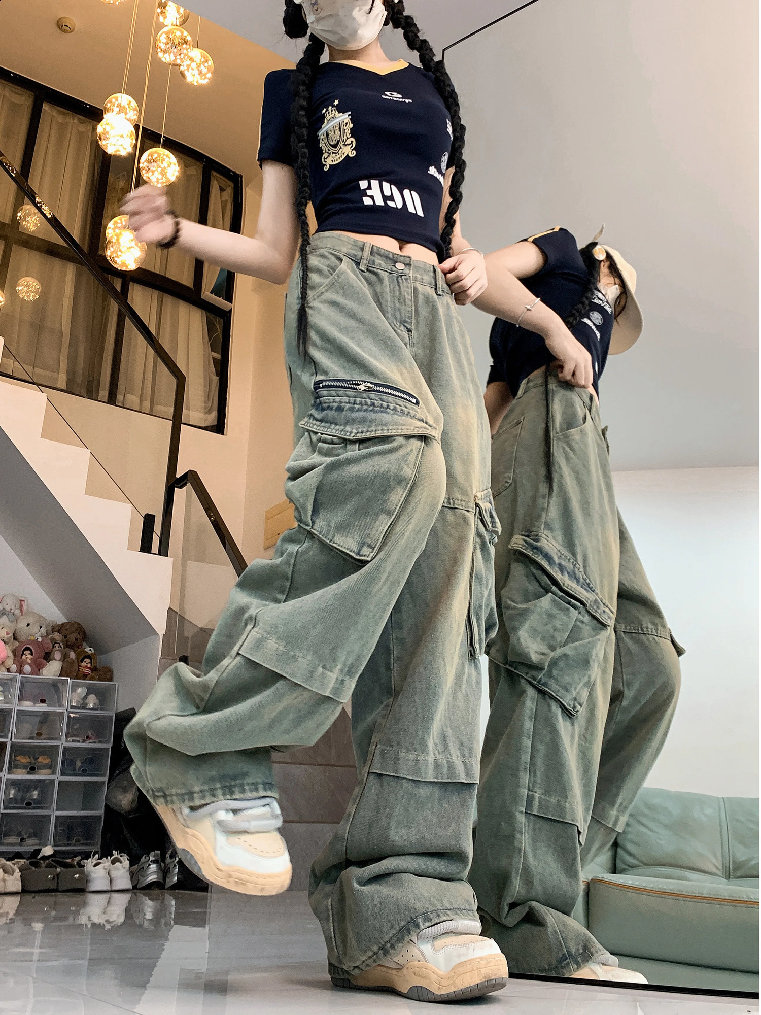 European American style pants for women retro blue fully matched Y2K jeans high waisted summer trendy womens w240824