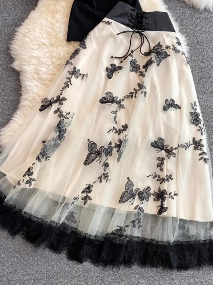 Summer Elegant Two Piece Sets Women Diagonal Neck Short Sleeve Shirt Vintage Butterfly Embroidered High Waist Mesh Skirt Suits 240823