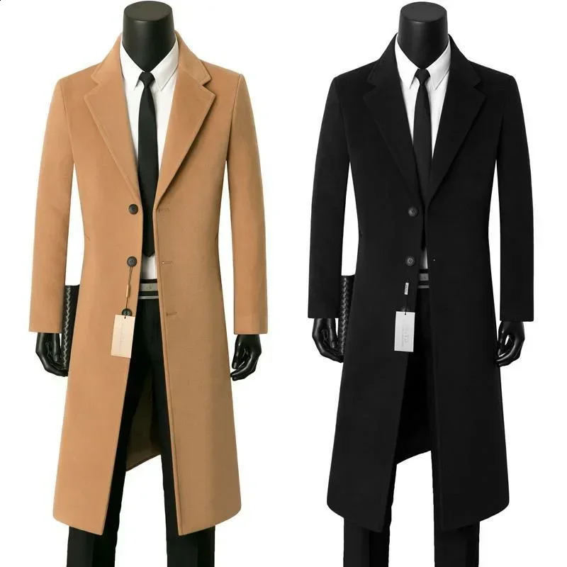 Mens Medium Length Woolen Coat Business Casual Warm Windbreaker Suit Collar Autumn Winter 240822
