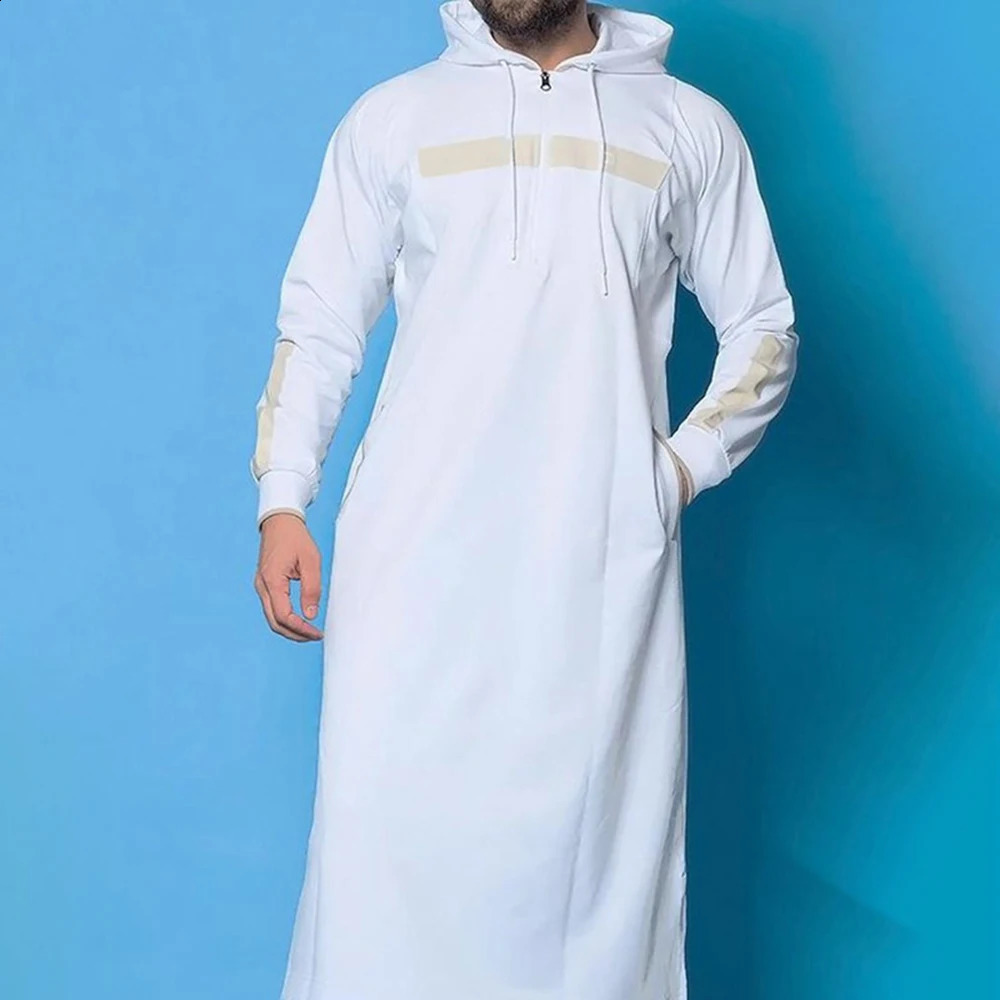 Mens Muslim Middle Eastern Islamic Arab vintage clothing loose long sleeves drawstring pockets fulllength hooded robe 240822