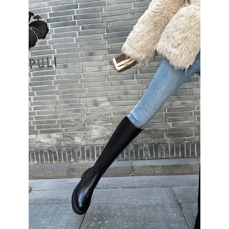 Ddmysports Cowhide Edition Grape Mom Same Style Thick Soled Tall Autumn Winter Leather Elastic Knight Boots For Women OUTDOOR