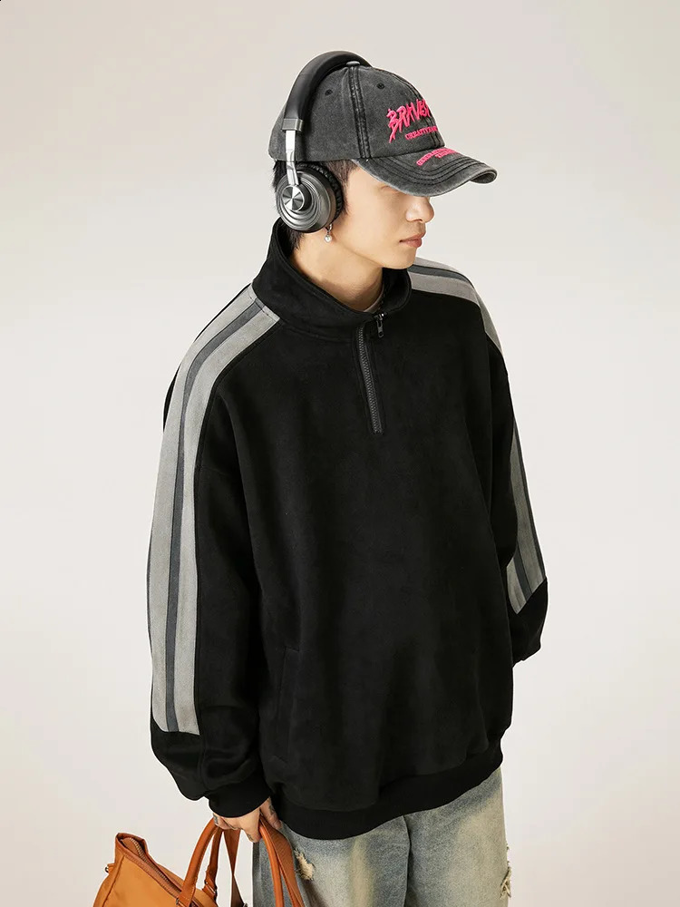 Mens Half Zipper Hoodie AutumnWinter Style Contrastive Color Splicing American Texture Stand up Collar Jacket 240823