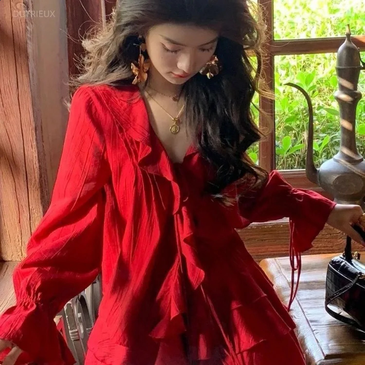 Elegant V-neck Ruffles Long Sleeve Tops Women Y2k E- High Waist Ruched A-line Skirts Spring Red Two Piece Sets 240823