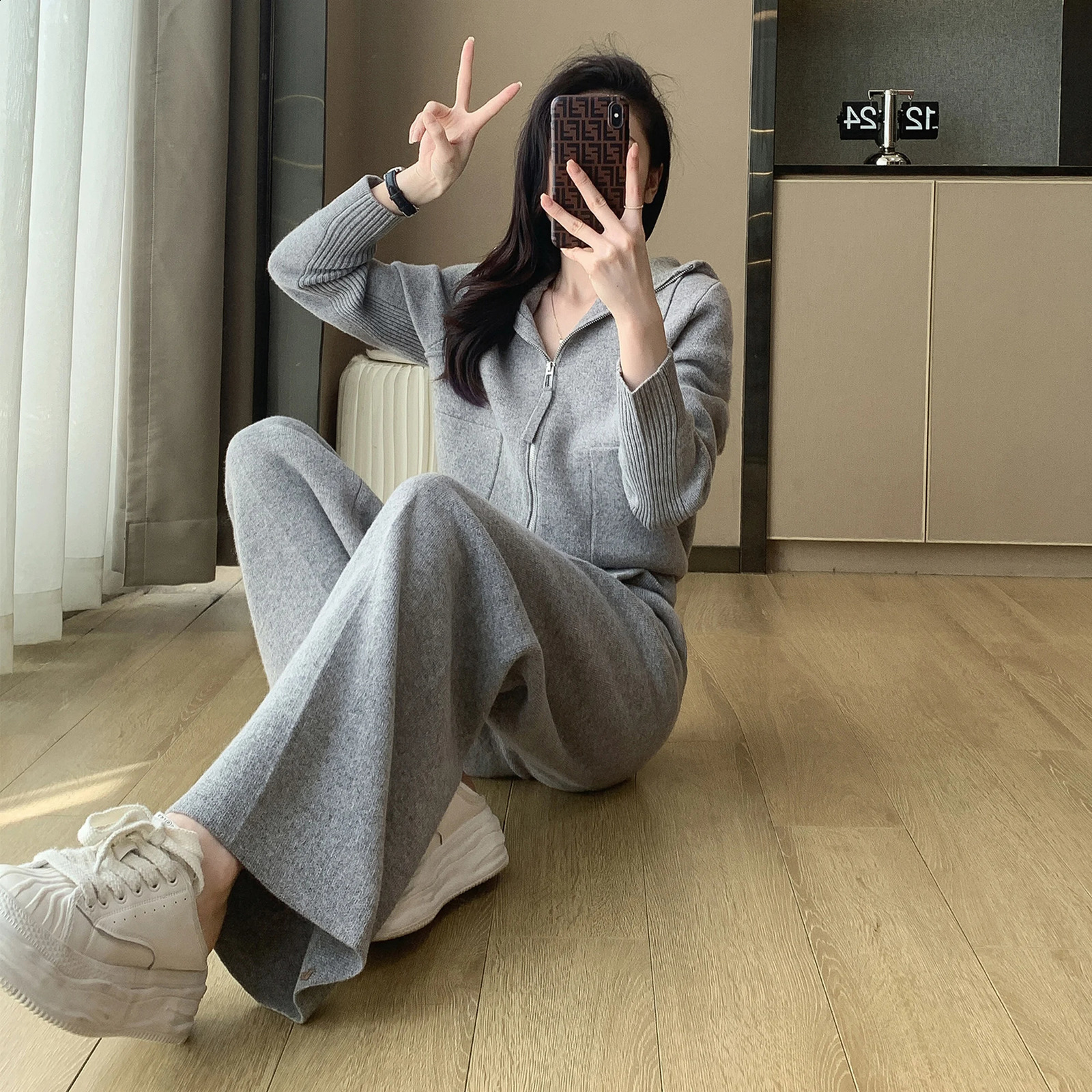 ZJYT autumn and winter knitted hooded sweatshirt pants set 2piece womens zipper sweater mens 240823
