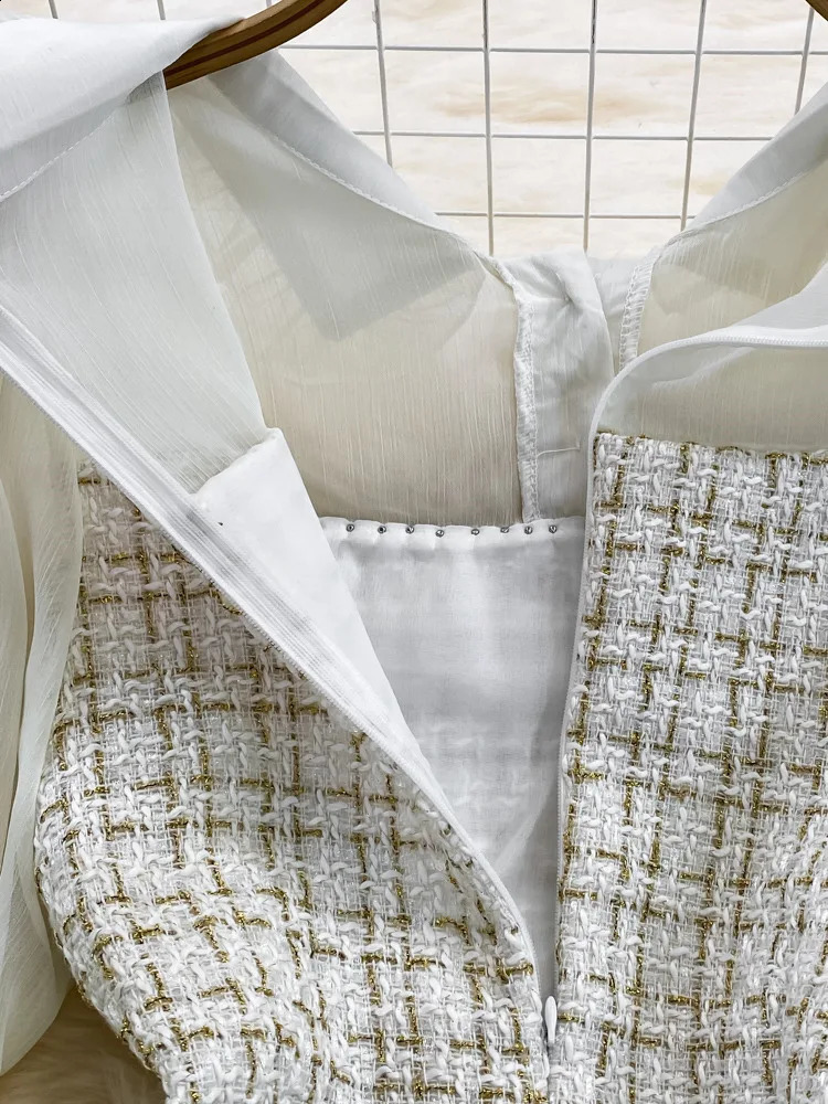 Korean Fashion Women Woolen Tweed Dress Autumn Winter Plaid Tweed Patchwork Chiffon Long Sleeve A Line Elegant Short Dress 240823