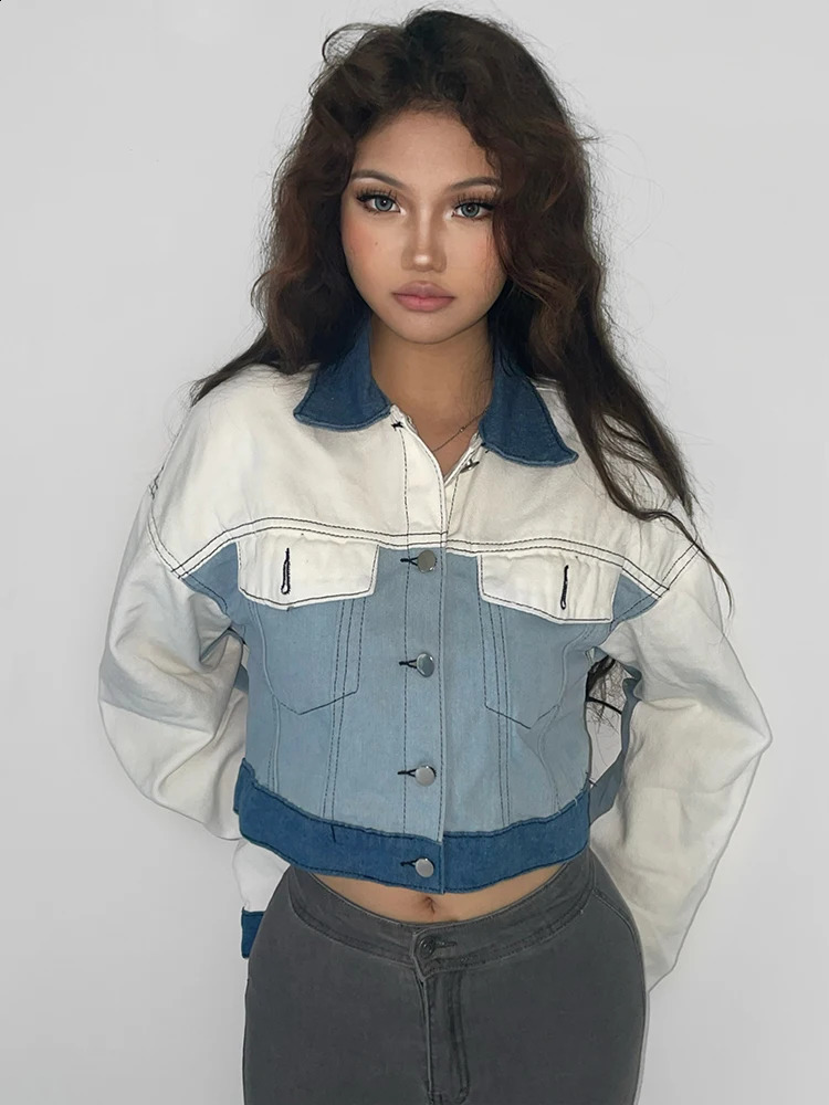 Rockmore Contrast Patchwork Denim Jackets Korean Fashion Streetwear Pockets Cropped Jean WomenS Coats y2k Casual Outerwear 240823