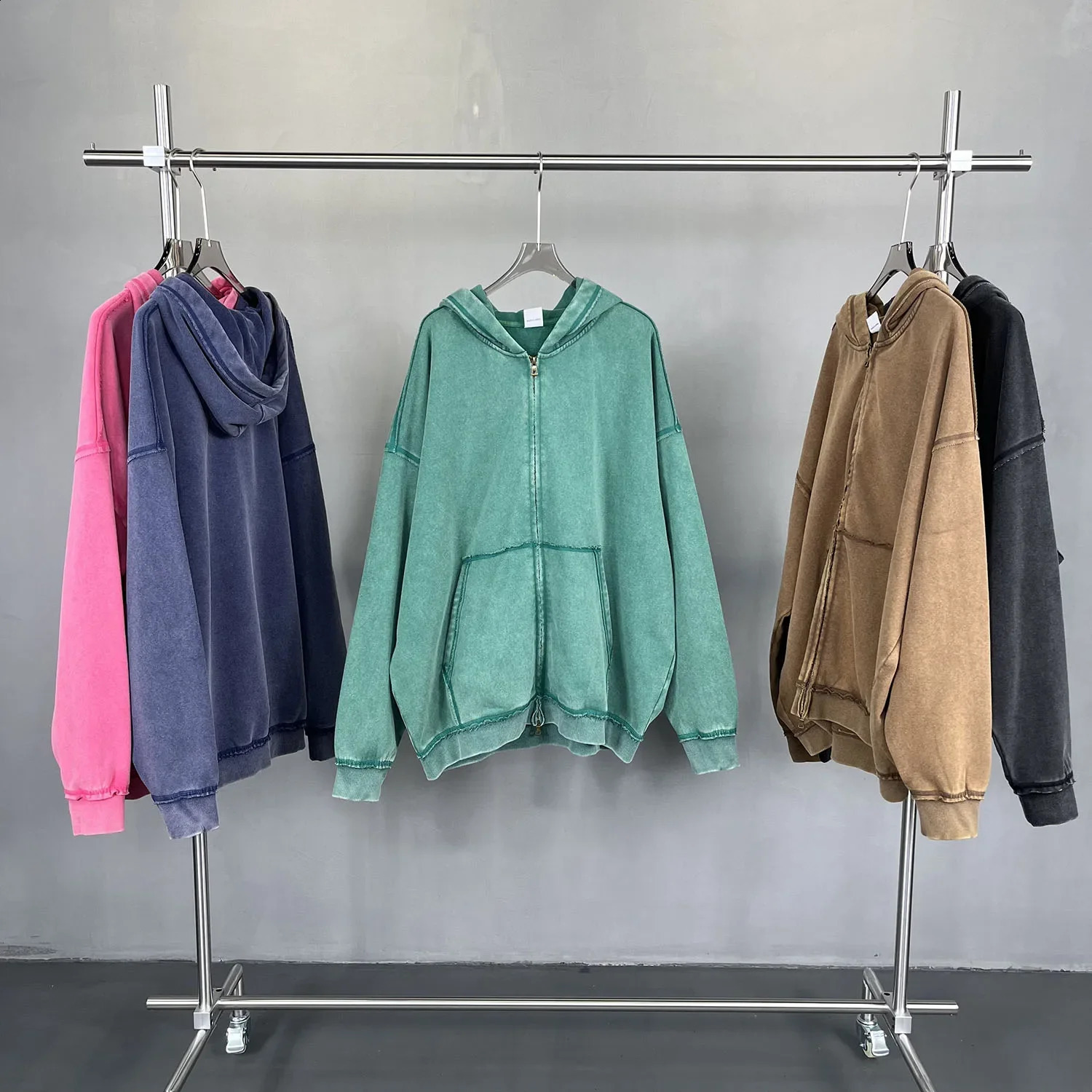 Wash Distressed Vinatge Loose Edged Double Zipper Up Hoodie Y2k Mens 100 Cotton Autumn/Winter in Hoodies Sweatshirts 240823