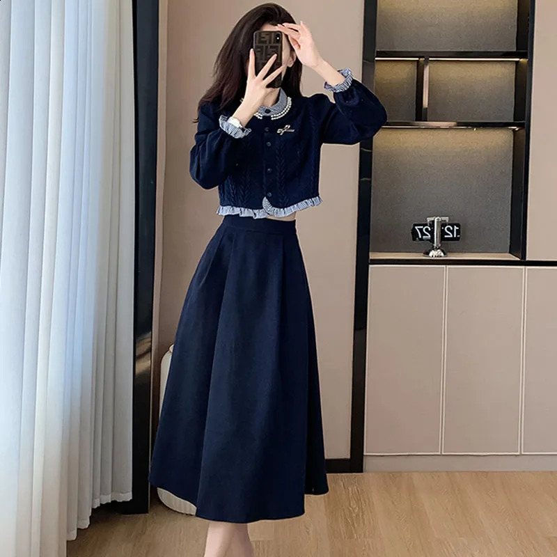 Autumn Fashion Two Pieces Set Korean Women Vintage Ruffles Knitted splicing Shirt Top A-Line Midi Skirts Elegant Outfits 240823