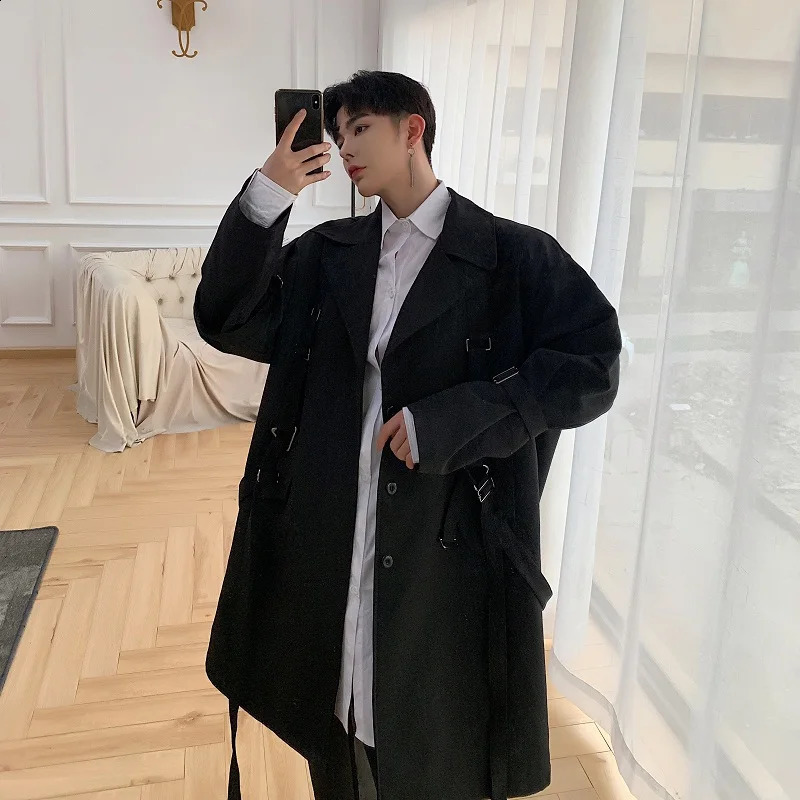 Autumn Winter Techwear Hip Hop Adjustable Strap Trench Coat Mens Korean Fashion Long Jacket Street Casual Overcoat 240822