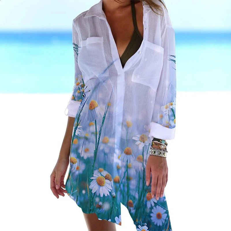 Summer 3D Flower Pattern Hawaiian Printed Shirt Dress Beach Sexy Shirt Coat Shirt Long sleeved Womens Tank Top Dress 240823