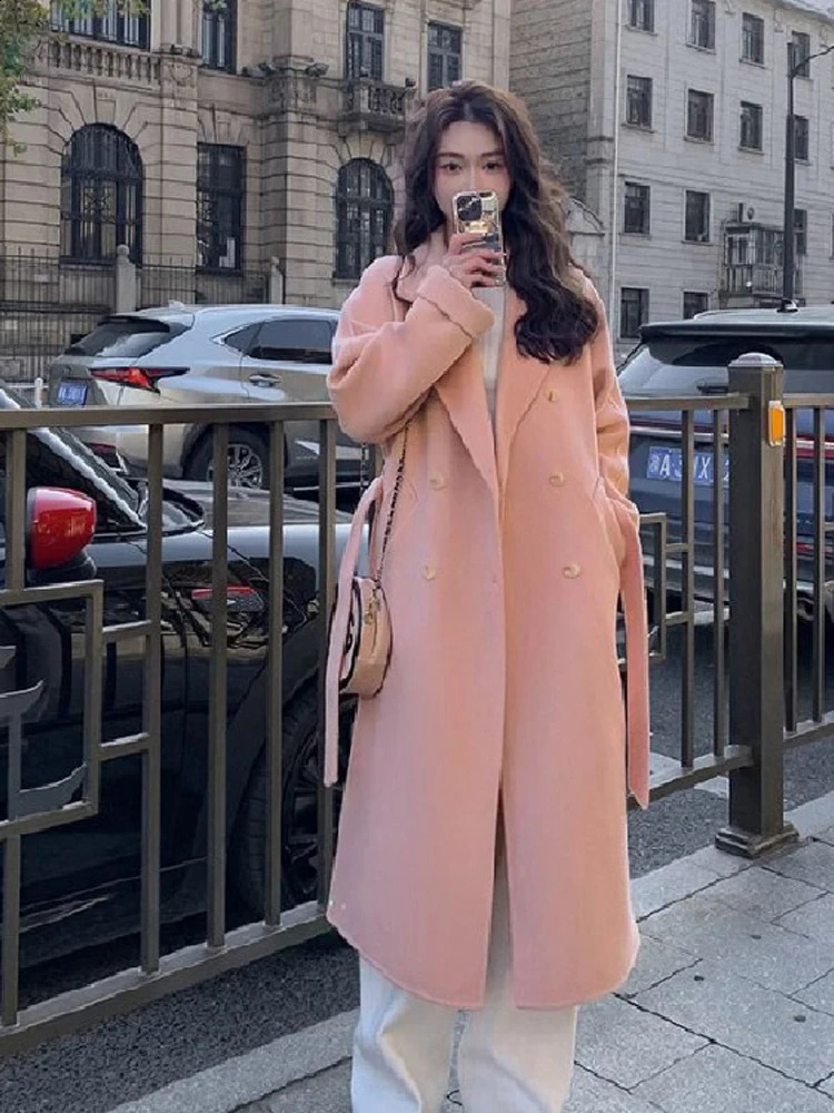 Belt Faux Woolen Coat Women Full Sleeve Double Breasted Notched Female Long Jacket Autumn Fashion Loose Causal Lady Outwear 240822