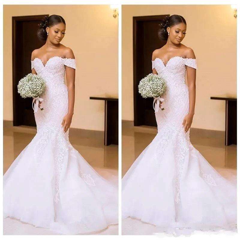 Black African Women Mermaid Wedding Dresses Vintage Full Lace Bridal Gowns Off Shoulder Appliques Slim Beautiful Ladies Bc